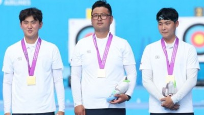 한국 양궁, 세계선수권 남자 단체 3연패 김우진 10번째 금메달