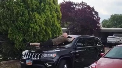 우박 맞으며 차 앞유리를 보호하는 외국형